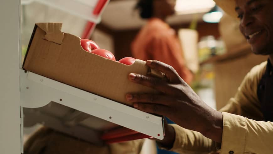 African farmer putting produce on supermarket shelf