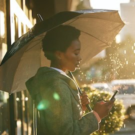 Business woman with umbrella in the rain
