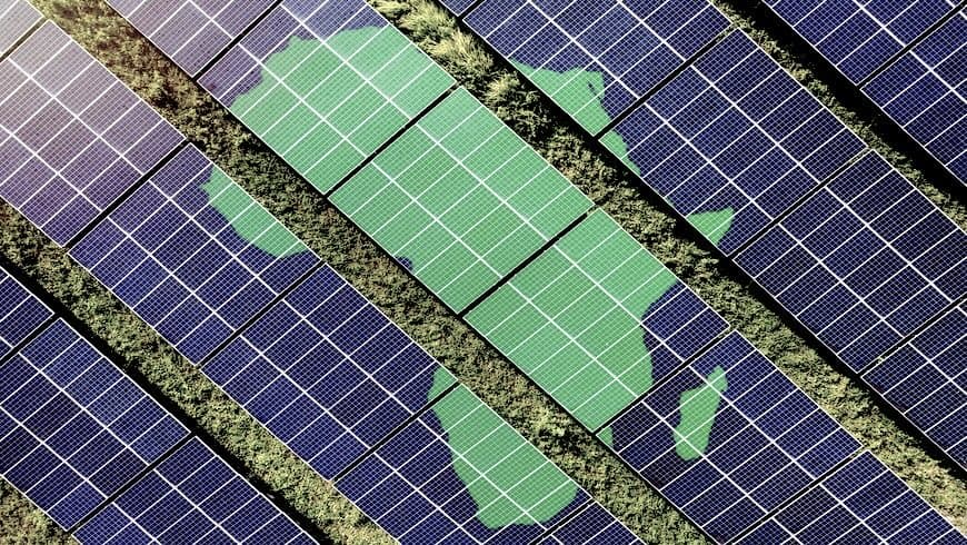map of Africa superimposed on solar mini-grid panels