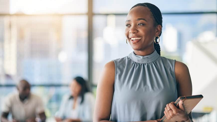 Black woman in office with tablet, smile and mockup, leadership in business meeting with professional. Workshop, project management and happy businesswoman with digital device, space and confidence.